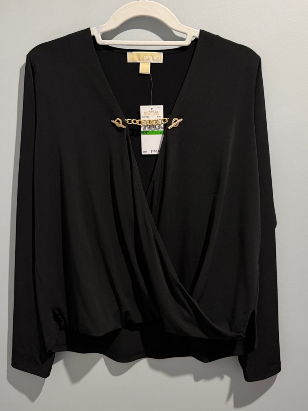 MICHAEL Michael Kors Black Long-Sleeve Wrap Blouse with Gold Chain